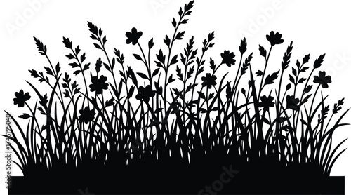 Wildflower and Grass Silhouette – Dense Botanical Vector Design. A richly detailed black silhouette vector of wildflowers and tall grasses, arranged in a dense, organic composition.