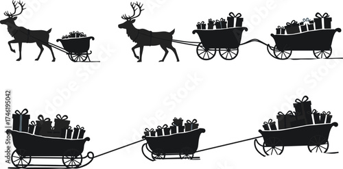 Black silhouette reindeer sleigh vector set, Christmas gift delivery icons, festive holiday design, winter printable artwork,