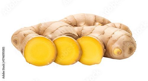 Illustration of fresh turmeric root with slices isolated on transparent background