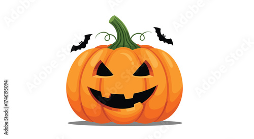 Carved Jack-o-lantern with bats flying around it for Halloween celebration.