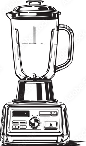Black and white vector illustration of electric blender with pitcher, lid, handle, and control buttons