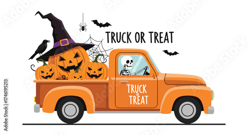 Halloween truck filled with pumpkins and a skeleton driver goes trick or treating.