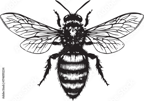 Black and white vector illustration of a detailed bee with spread wings, segmented body, and visible antennae