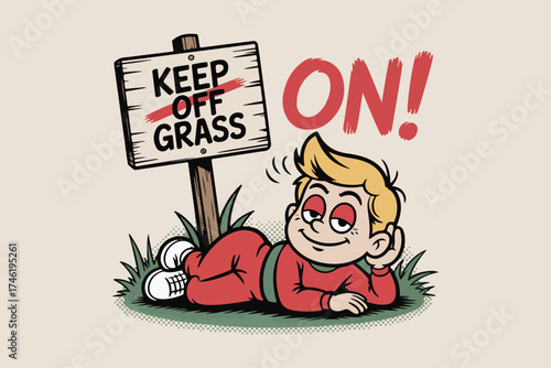 Mischievous boy ignores keep off grass sign lying down relaxing and smiling