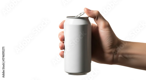 Illustration of hand opening a white aluminum can isolated on transparent background