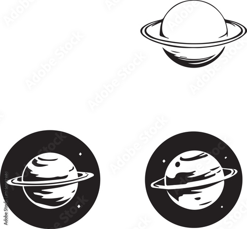 Black and white vector illustration of stylized ringed planet in three variations with circular backgrounds