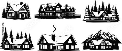 Mountain cabin silhouette set, forest house illustrations, black and white architectural graphics, nature retreat design, rustic home artwork collection