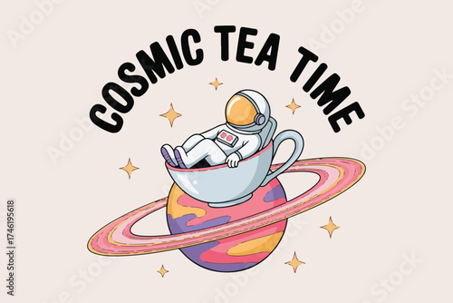 Astronaut enjoying cosmic tea time relaxing in a teacup on a planet with rings