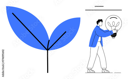 Man carrying light bulb with plant sprout inside, large abstract blue leaf nearby. Ideal for sustainability, growth, ecology, innovation, green energy, nature environmental consciousness. Simple
