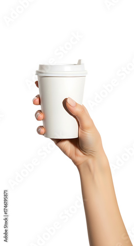 Illustration of hand holding a white disposable coffee cup isolated on transparent background