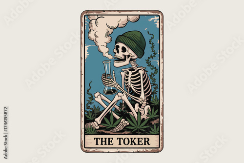 Mystical tarot card 'the token' artwork featuring a skeleton smoking a joint