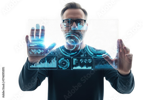 Man wearing vr headset interacting with futuristic digital interface and holographic displays isolated on transparent background