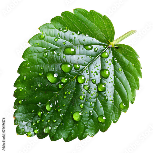 Fresh strawberry leaf water droplets close up presentation isolated transparent background product in clear view with natural colors and sharp focus on a plain background. Simple clean style for stock