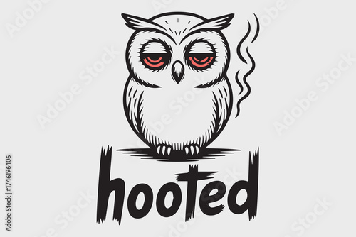 Whimsical hooted owl cartoon with red eyes and smoke detail