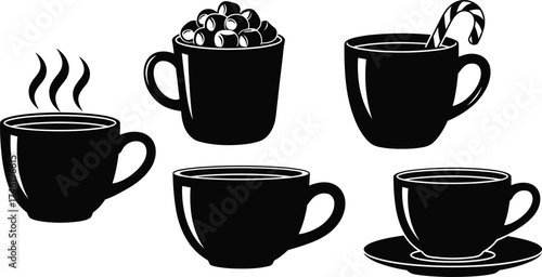 Black and white cup illustrations, coffee mugs, tea cups, festive drinks, whipped cream, candy cane, cozy beverage design, minimal style