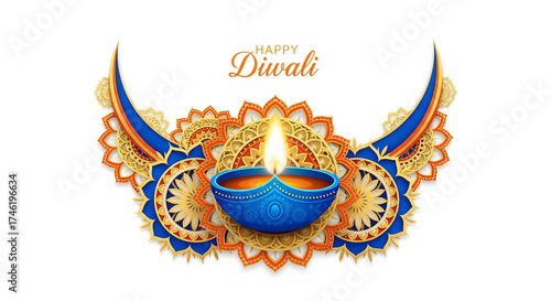 Elegant Happy Diwali greeting card design with a glowing blue diya oil lamp and intricate orange and gold mandala rangoli on a white background.