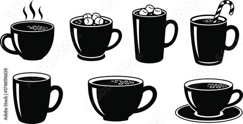 Black and white hot beverage illustrations, coffee mugs, tea cups, festive drinks, marshmallows,