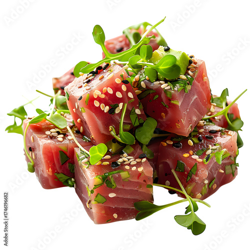 Fresh tuna avocado salad cubes sesame seeds microgreens dish isolated transparent background in clear view with natural colors and sharp focus on a plain background. Simple clean style for stock use i