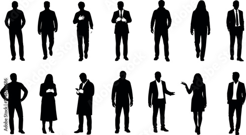 Business silhouettes, professional attire, formal pose, corporate gesture, black vector illustration, office people, standing posture, business clothing, workplace concept, character design