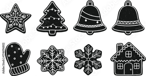 Christmas cookie silhouette illustrations, festive holiday treats, snowflake designs, gingerbread house,