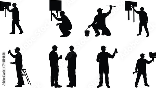 Construction and maintenance worker silhouette vector set, wall painting and ladder icons, printable labor artwork, industrial task illustration