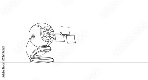 Desk with webcam and sticky notes in line art style