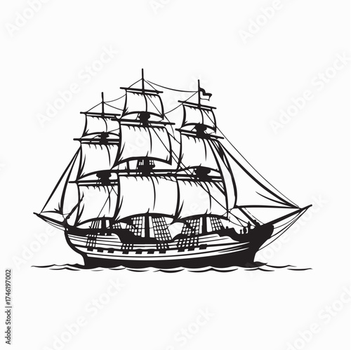 Vintage Pirate Ship Vector Illustration Old Sailing Vessel on white background
