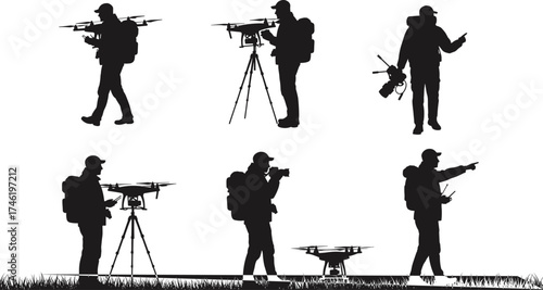 Drone operators in action, outdoor drone photography, silhouette figures with equipment, aerial technology usage,