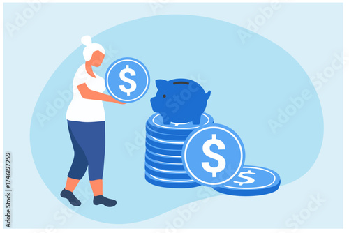 Pension Fund. Long-term Capital Investment for senior. Big Piggy Bank and Stack of Money. Pensioners Invest Money. Pension Savings, Insurance and Funded Pension financial investment planning savings

