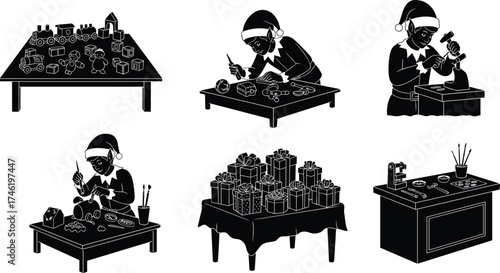 Elf toy workshop scenes, Christmas gift-making illustrations, festive holiday graphics, Santa’s helpers crafting toys, seasonal black and white design panels