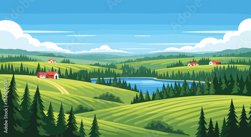 Pixel art landscape with rolling green hills and a serene blue lake.