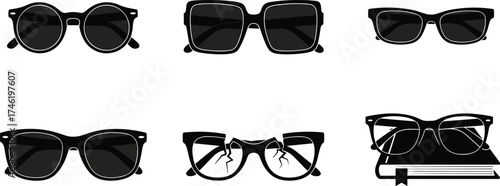 Eyeglasses silhouette set, black and white eyewear illustrations, broken glasses graphic, reading accessory design, stylish optical frame artwork collection