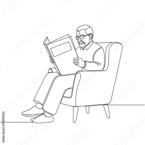Elder reading newspaper in cozy armchair in line art style
