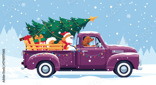 Two dogs in a truck delivering a Christmas tree during a snowfall.