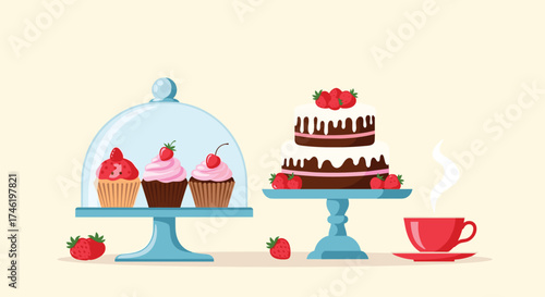 A delightful spread of sweet treats including cupcakes and a chocolate cake with strawberries, served with a steaming cup of coffee.