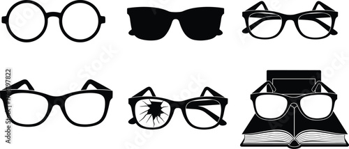 Eyeglasses silhouette set, stylish and broken eyewear graphics, black and white optical illustrations, reading accessory and fashion frame collection