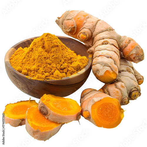 Fresh turmeric root powder spice healthy cooking ingredient isolated transparent backgroundfresh background in clear view with natural colors and sharp focus on a plain background. Simple clean style