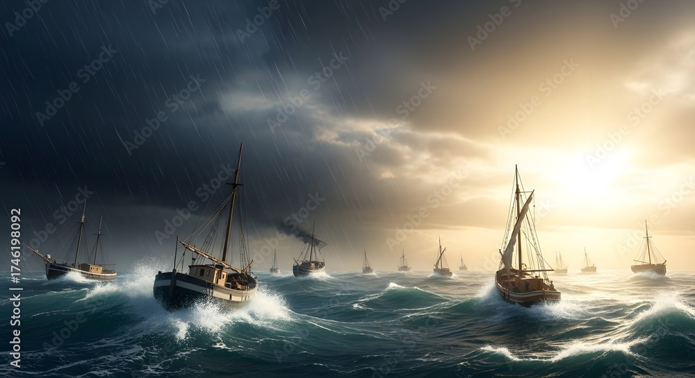 Fototapeta premium Humanitarian Fleet at Sunset – Journey Toward Peace