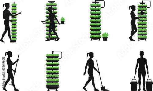 Vertical farming silhouette, urban agriculture activity, cleaning task figures, sustainable living, plant care,