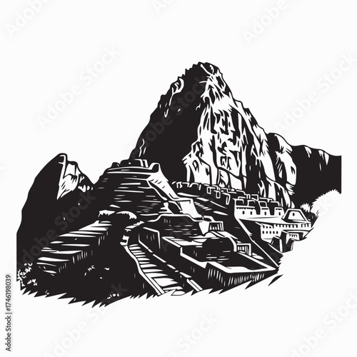 Ancient Machu Picchu Silhouette Vector Illustration Misolated on white background