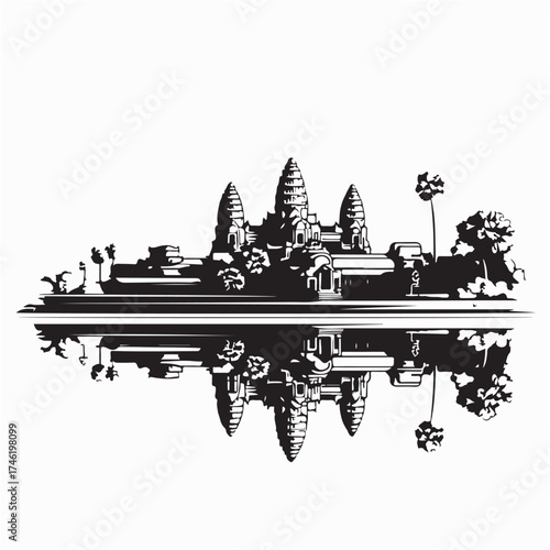Angkor Wat Silhouette Vector Illustration Ancient Temple Landmark Design