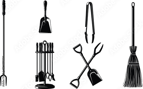 Fireplace tool silhouette set, black and white hearth maintenance graphics, poker shovel tongs broom illustrations, cozy winter home design elements