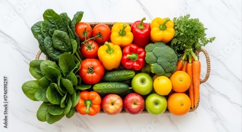 Freshly harvested vegetables and fruits arranged in a wicker basket on a marble surface showcasing vibrant colors and textures for a healthy lifestyle and balanced diet concept