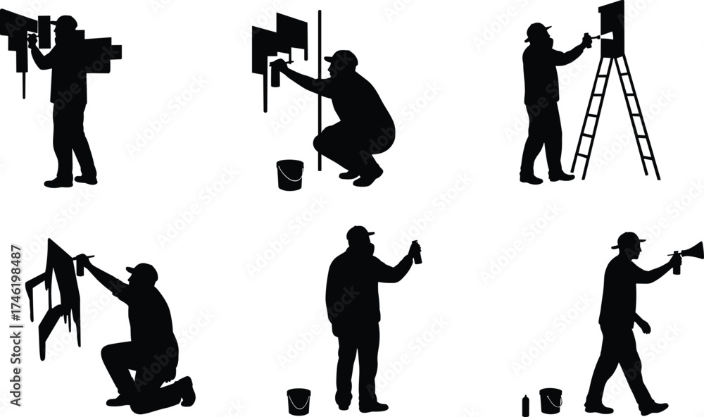 Obraz premium Graffiti and street art silhouette vector set, spray painting icons, urban expression design, printable artwork, creative wall illustration