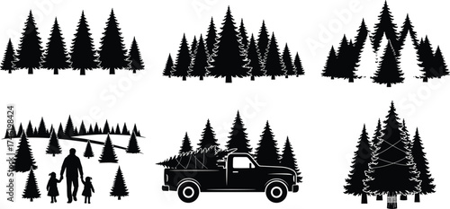 Forest silhouette, pine tree landscape, nature scene, family walking, Christmas tree truck, black and white vector,