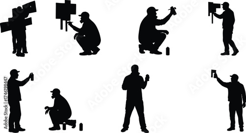 Graffiti and spray painting silhouette vector set, urban art icons, creative wall design, printable street artwork, expressive pose illustration