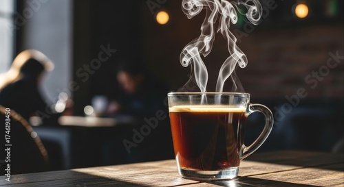 Steaming cup of dark coffee sits on a wooden table in a cafe inviting relaxation and a warm beverage experience with its rich aroma and comforting presence in a cozy setting