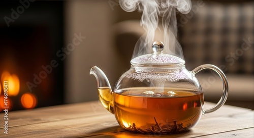 Steaming teapot filled with herbal tea sits on a wooden table near a cozy fireplace creating a warm and inviting atmosphere perfect for relaxation and enjoying a cup of tea