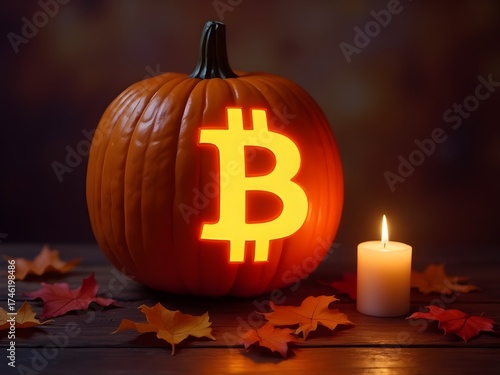 Bitcoin Symbol Carved Pumpkin Halloween Cryptocurrency Finance Concept Photography