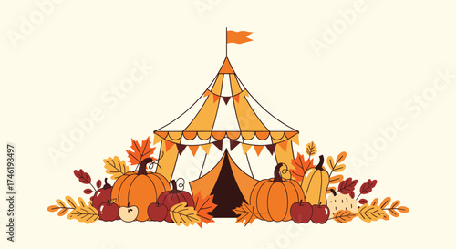 A festive autumn circus tent decorated with pumpkins and fall leaves.